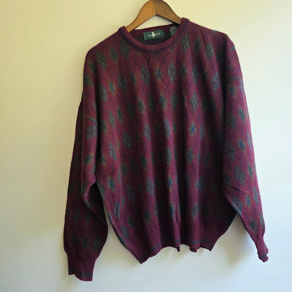 Vintage 90s Grandpa Argyle Sweater Mens XL Burgundy Wool Blend Made in Italy